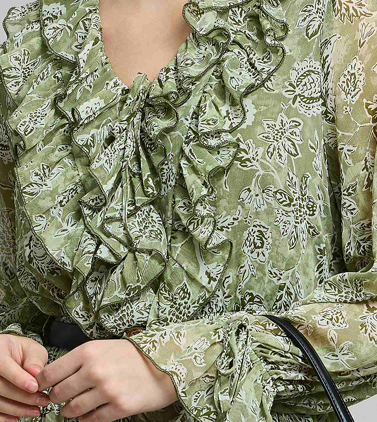 Printed Midi Dress with V-Neck and Puff Sleeves