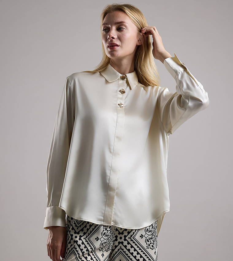 Solid Shirt with Classic Collar and Long Sleeves