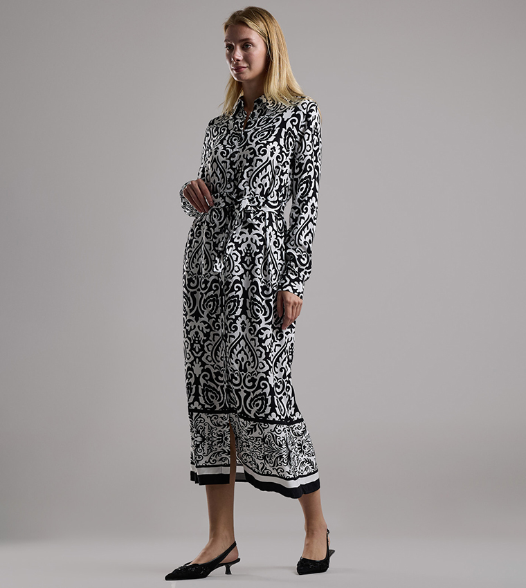 Patterned Shirt Dress with Long Sleeves