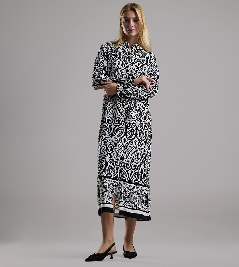Patterned Shirt Dress with Long Sleeves