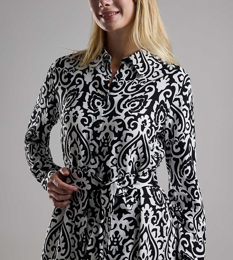 Patterned Shirt Dress with Long Sleeves