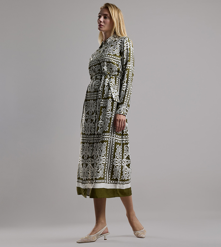 Patterned Shirt Dress with Long Sleeves