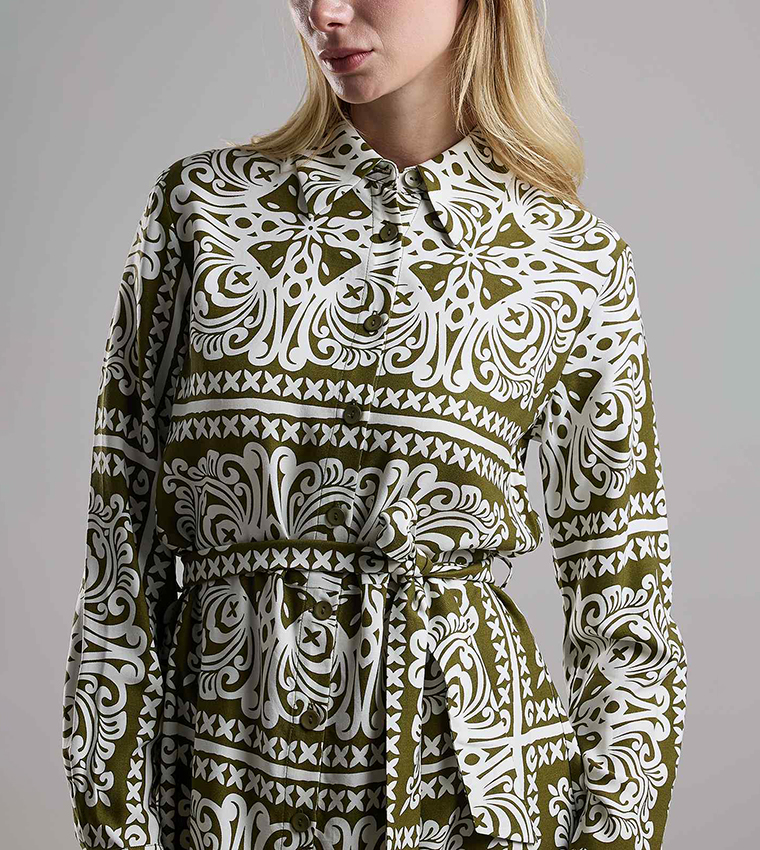 Patterned Shirt Dress with Long Sleeves