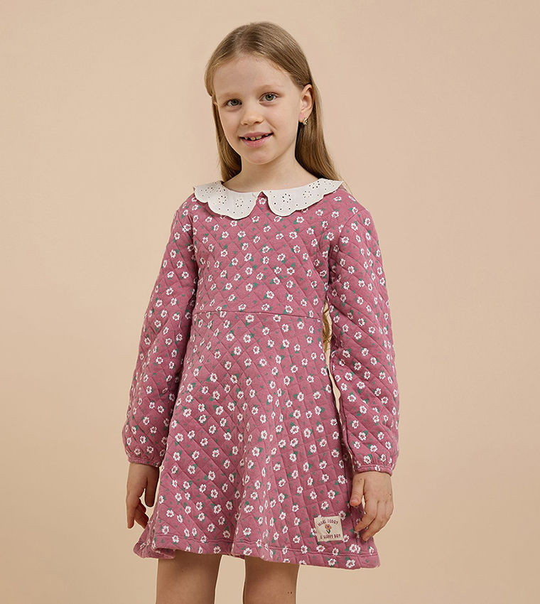 Printed A-Line Dress with Peter Pan Collar and Long Sleeves