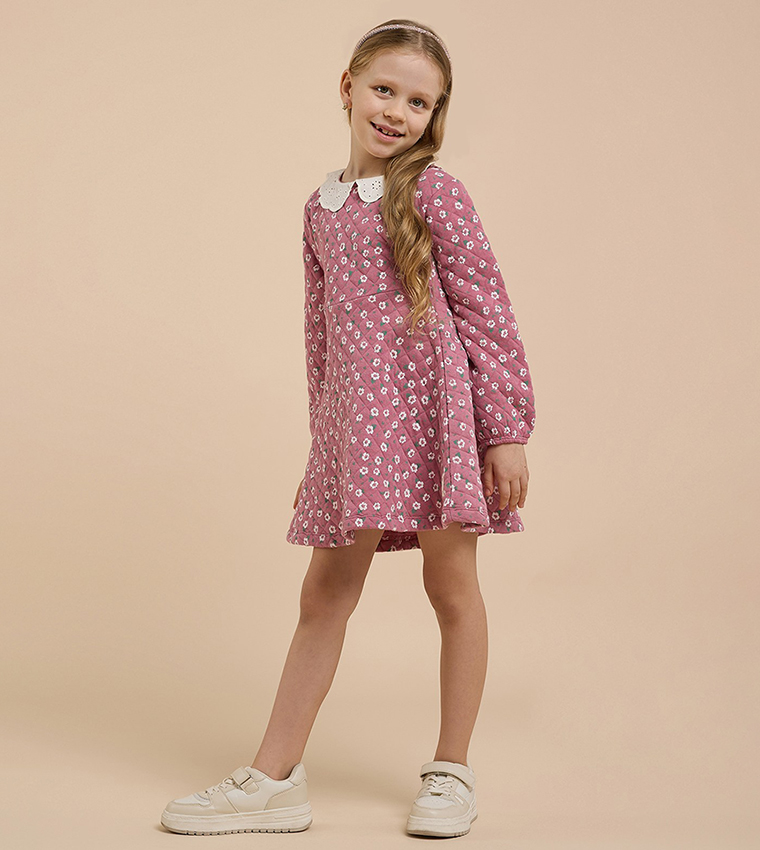 Printed A-Line Dress with Peter Pan Collar and Long Sleeves