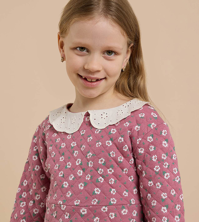 Printed A-Line Dress with Peter Pan Collar and Long Sleeves