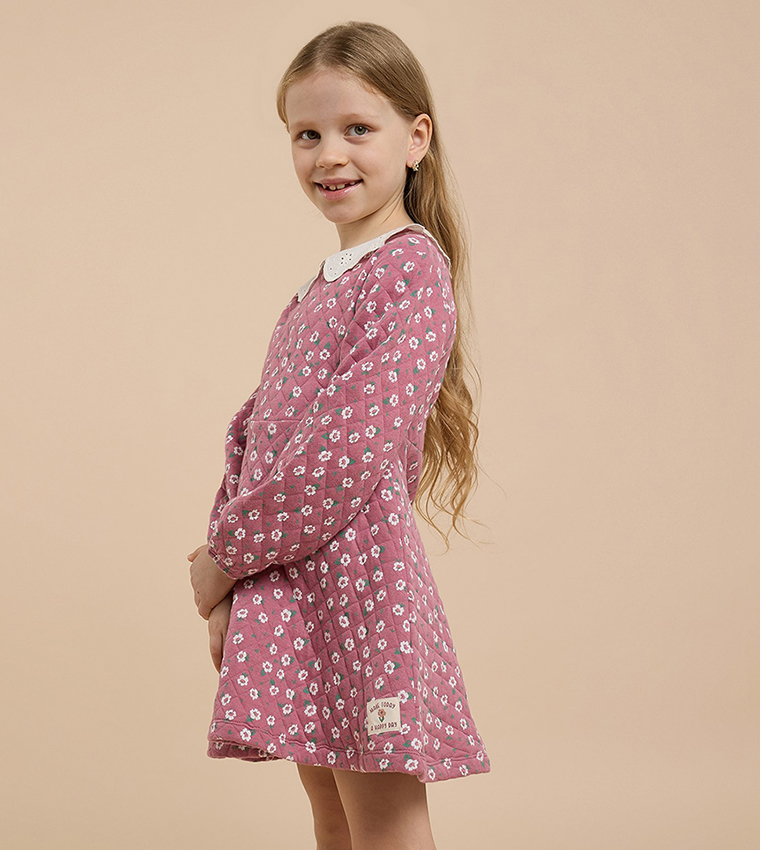 Printed A-Line Dress with Peter Pan Collar and Long Sleeves