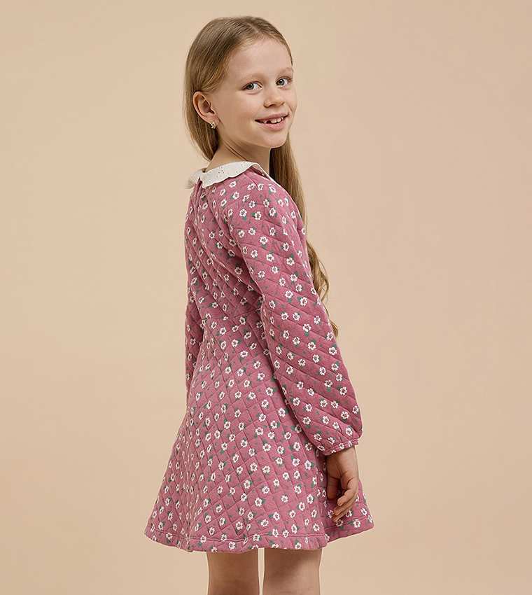 Printed A-Line Dress with Peter Pan Collar and Long Sleeves