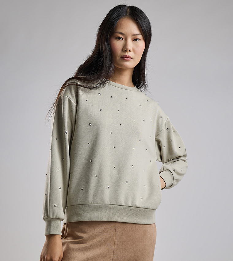 Embellished Sweatshirt with Crew Neck and Long Sleeves