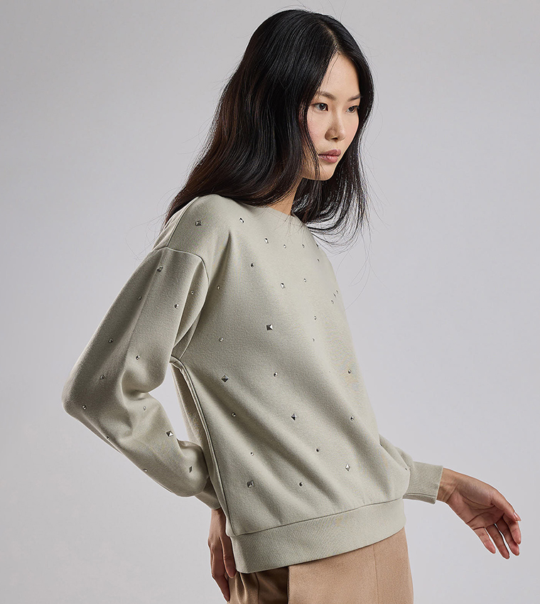 Embellished Sweatshirt with Crew Neck and Long Sleeves