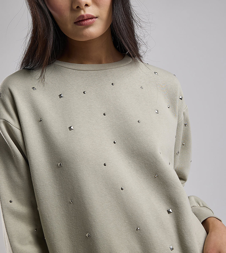 Embellished Sweatshirt with Crew Neck and Long Sleeves