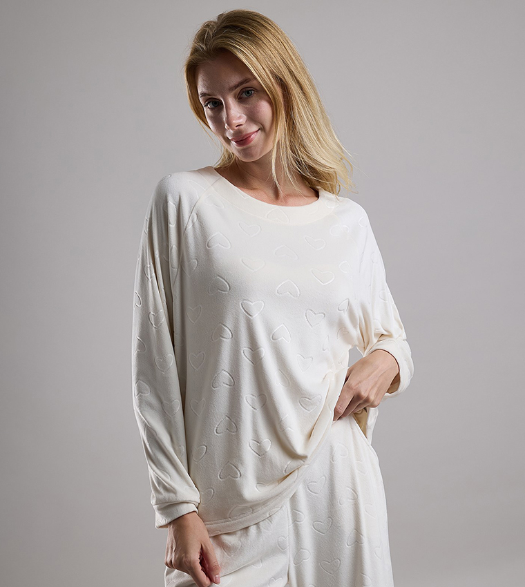 Self Patterned Long Sleeves Pyjama Set