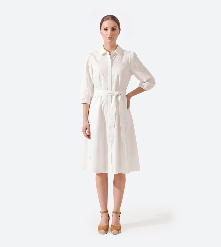 Logo Patterned 3/4 Sleeves Shirt Dress