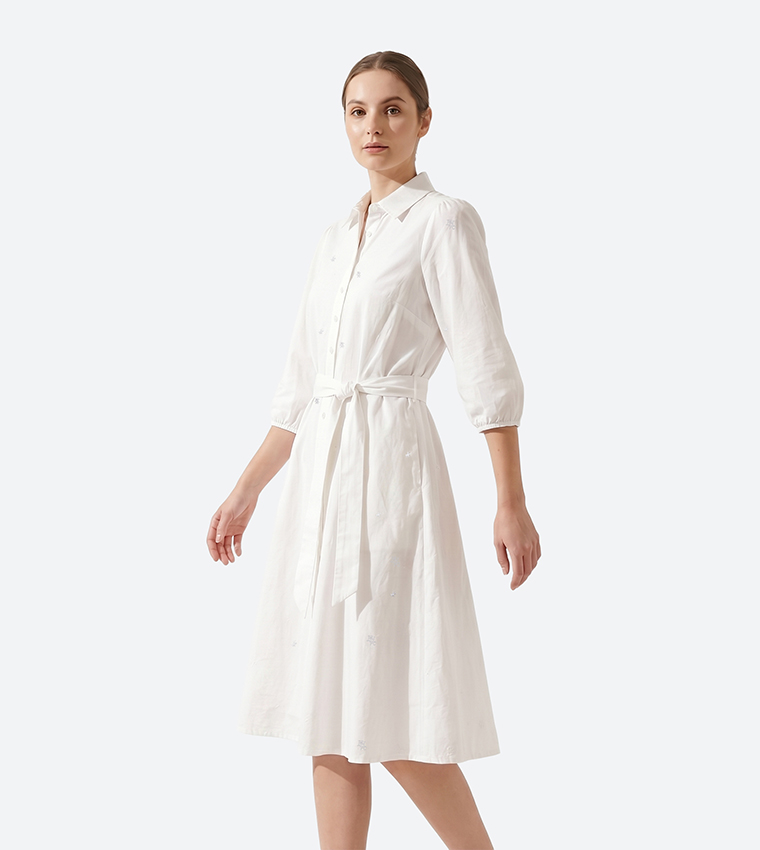 Logo Patterned 3/4 Sleeves Shirt Dress