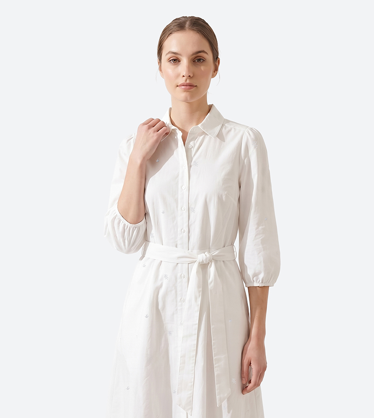 Logo Patterned 3/4 Sleeves Shirt Dress