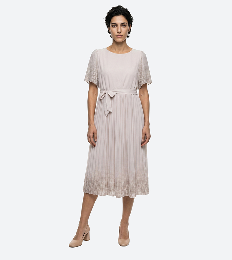 Belted Short Sleeves Pleated Midi Dress