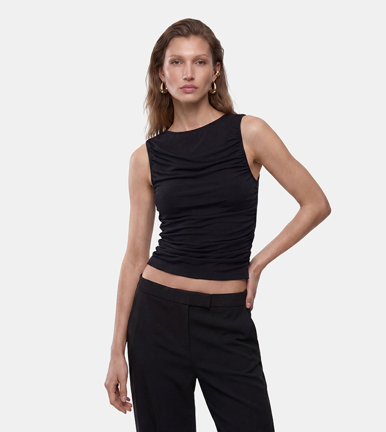 Solid Ruched Crew Neck Sleeveless Top