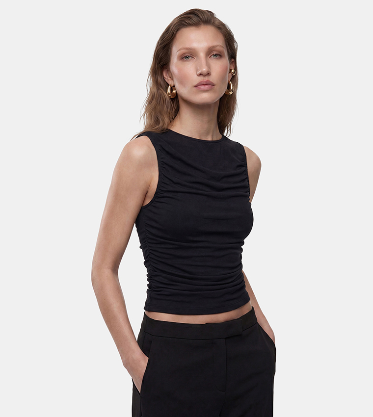 Solid Ruched Crew Neck Sleeveless Top
