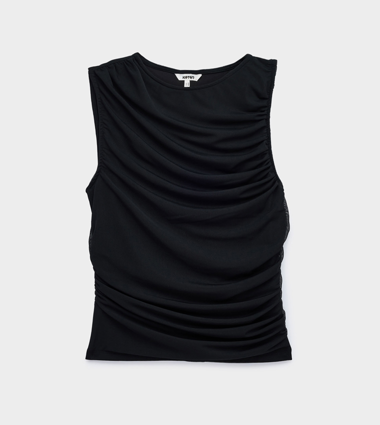 Solid Ruched Crew Neck Sleeveless Top