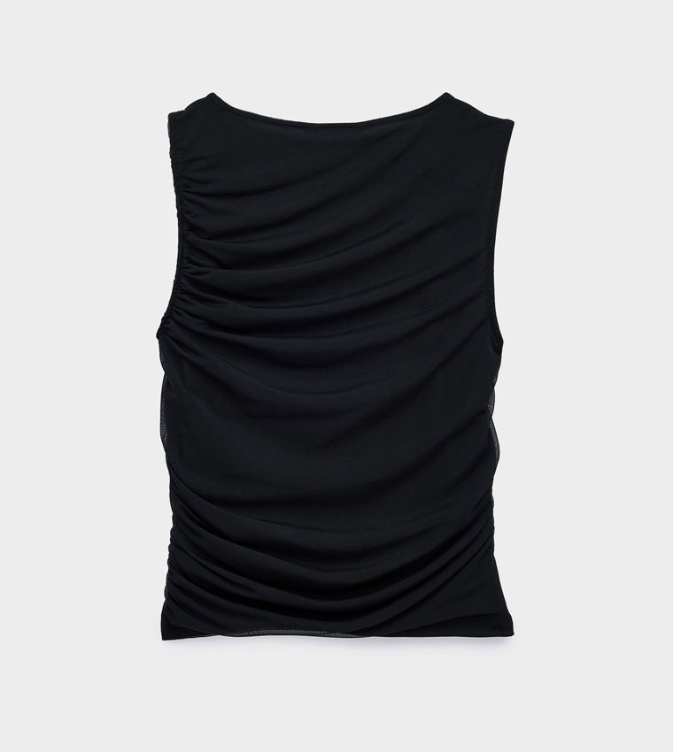 Solid Ruched Crew Neck Sleeveless Top