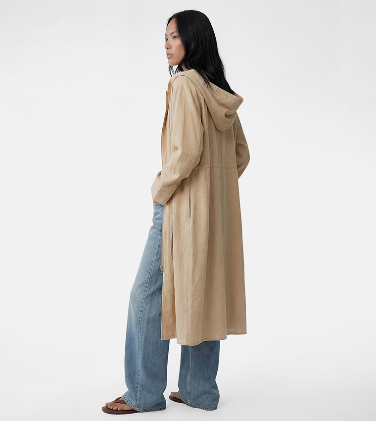 Hooded Drawstring Zip-up Longline Overcoat