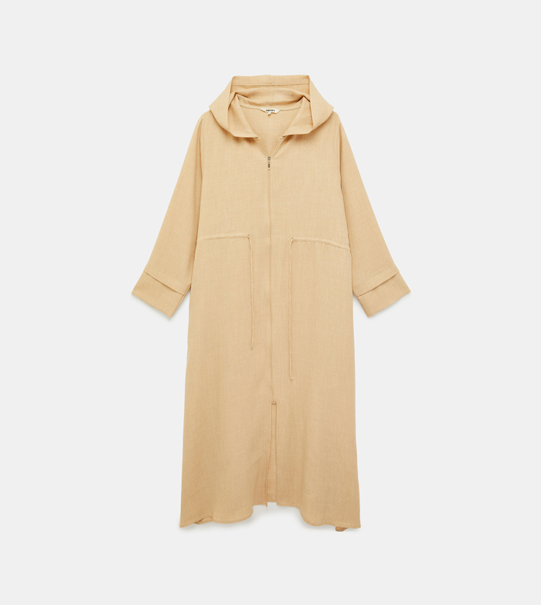 Hooded Drawstring Zip-up Longline Overcoat