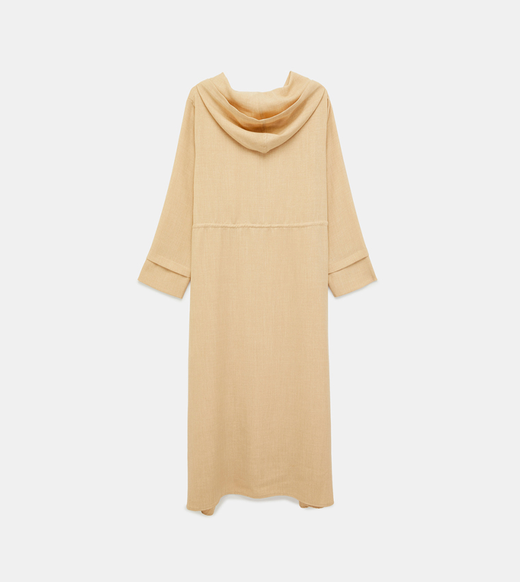 Hooded Drawstring Zip-up Longline Overcoat