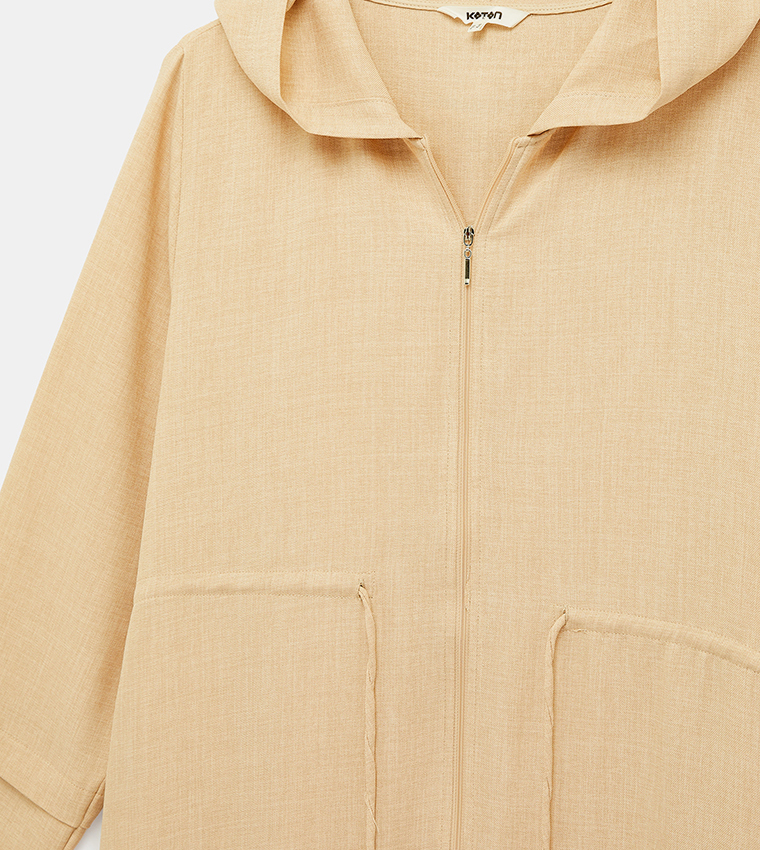 Hooded Drawstring Zip-up Longline Overcoat