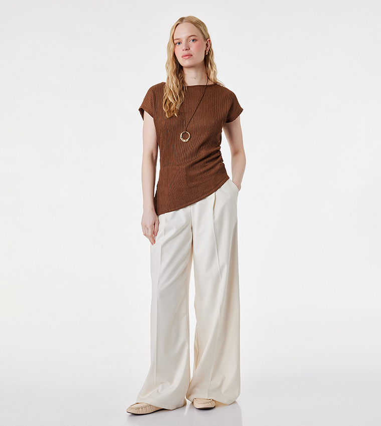 Ribbed Cap Sleeves Boat Neck Top