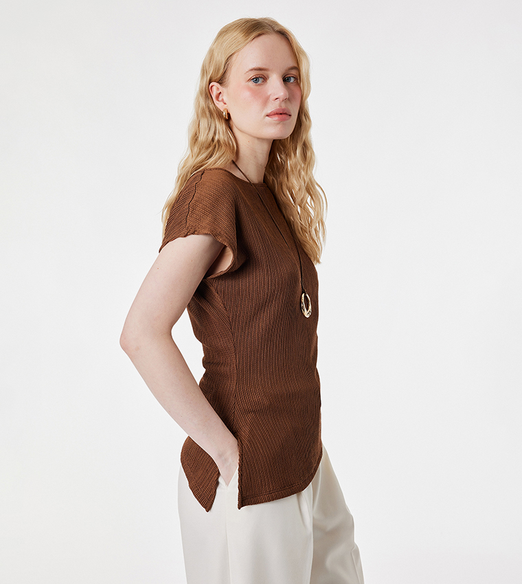 Ribbed Cap Sleeves Boat Neck Top