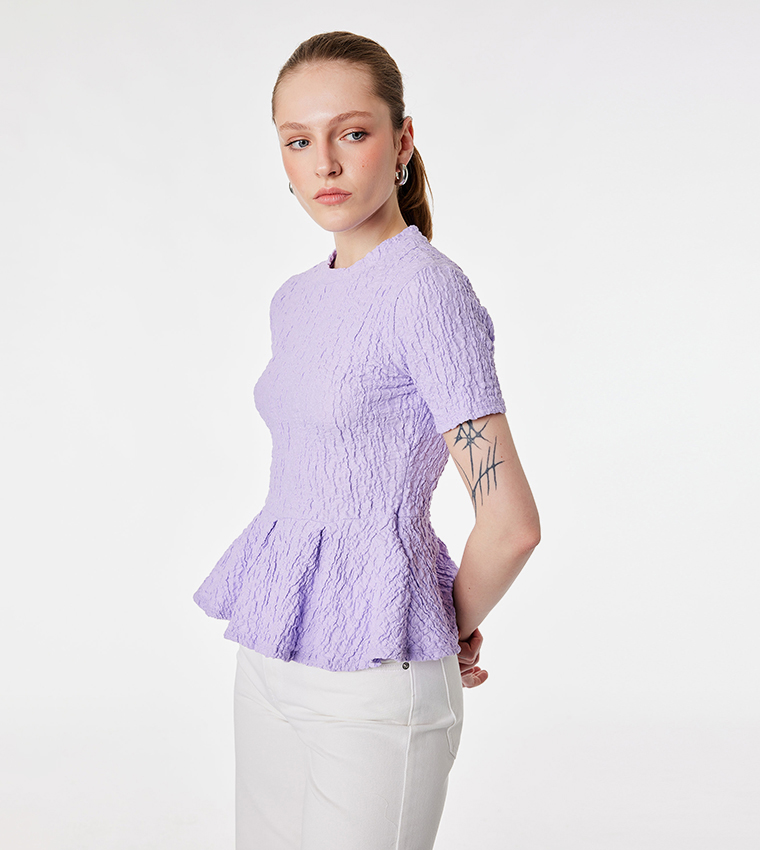 Textured Short Sleeves Peplum Top