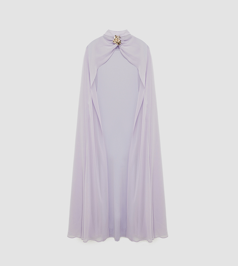 Floral Brooch Cape Detail High Neck Maxi Dress