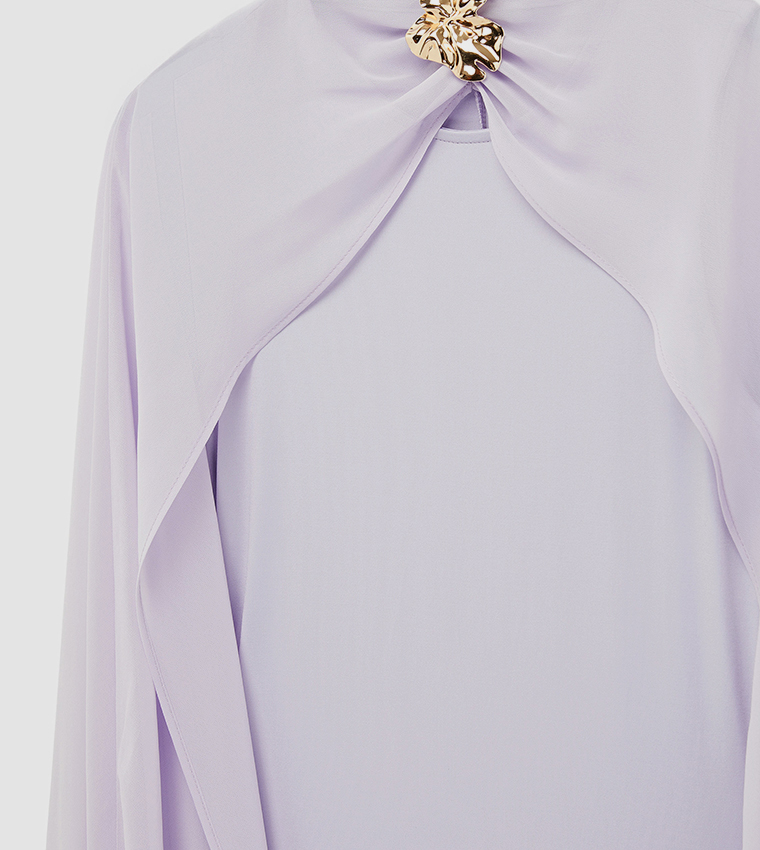 Floral Brooch Cape Detail High Neck Maxi Dress