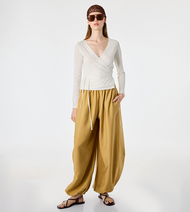 Solid Lace Trim Wrap Long Sleeves Top