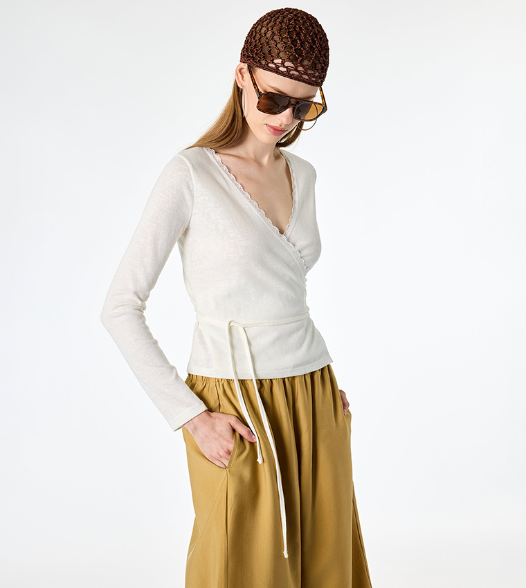 Solid Lace Trim Wrap Long Sleeves Top
