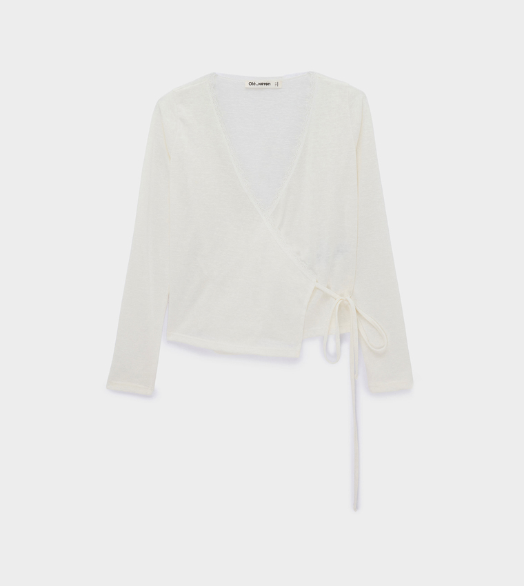 Solid Lace Trim Wrap Long Sleeves Top