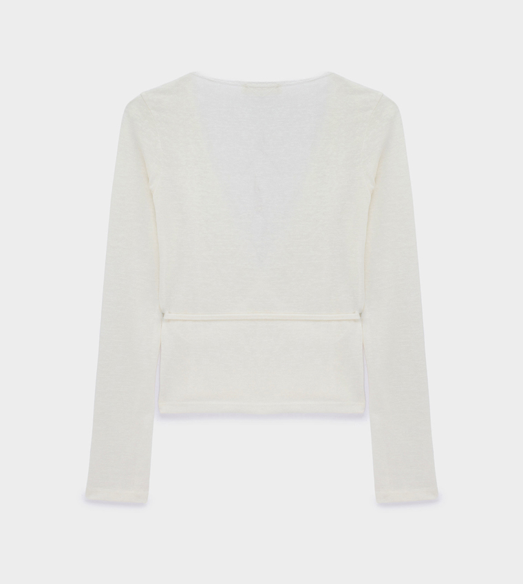 Solid Lace Trim Wrap Long Sleeves Top