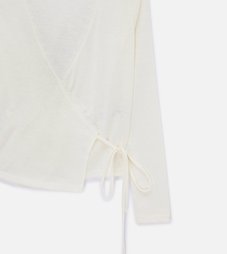Solid Lace Trim Wrap Long Sleeves Top