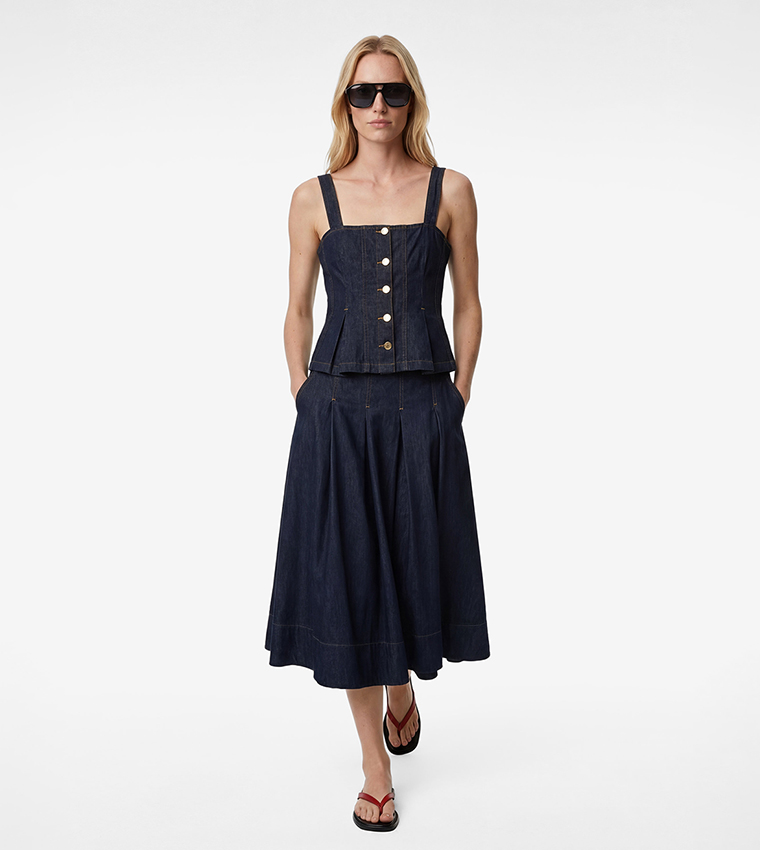 Gold-Tone Button Front Square Neck Sleeveless Denim Top