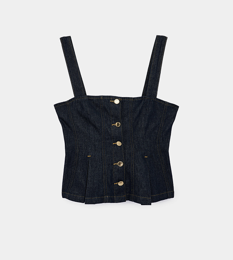 Gold-Tone Button Front Square Neck Sleeveless Denim Top