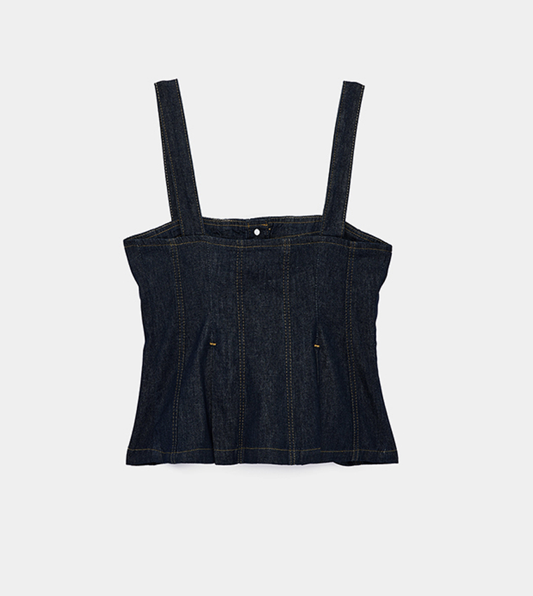 Gold-Tone Button Front Square Neck Sleeveless Denim Top