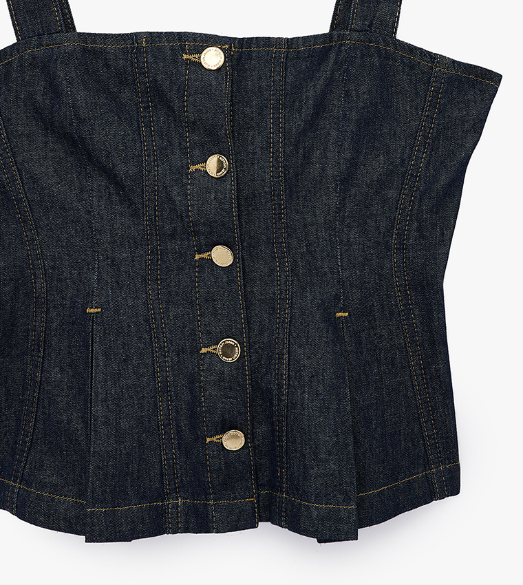 Gold-Tone Button Front Square Neck Sleeveless Denim Top