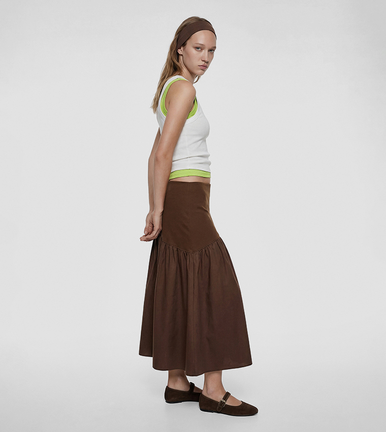 Ruched Drop-Waist Tiered Midi Skirt