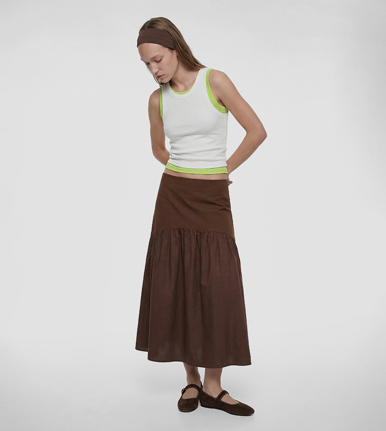 Ruched Drop-Waist Tiered Midi Skirt