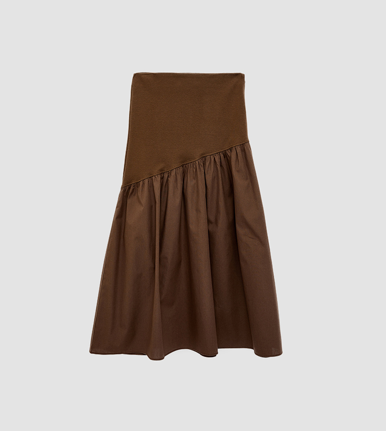 Ruched Drop-Waist Tiered Midi Skirt