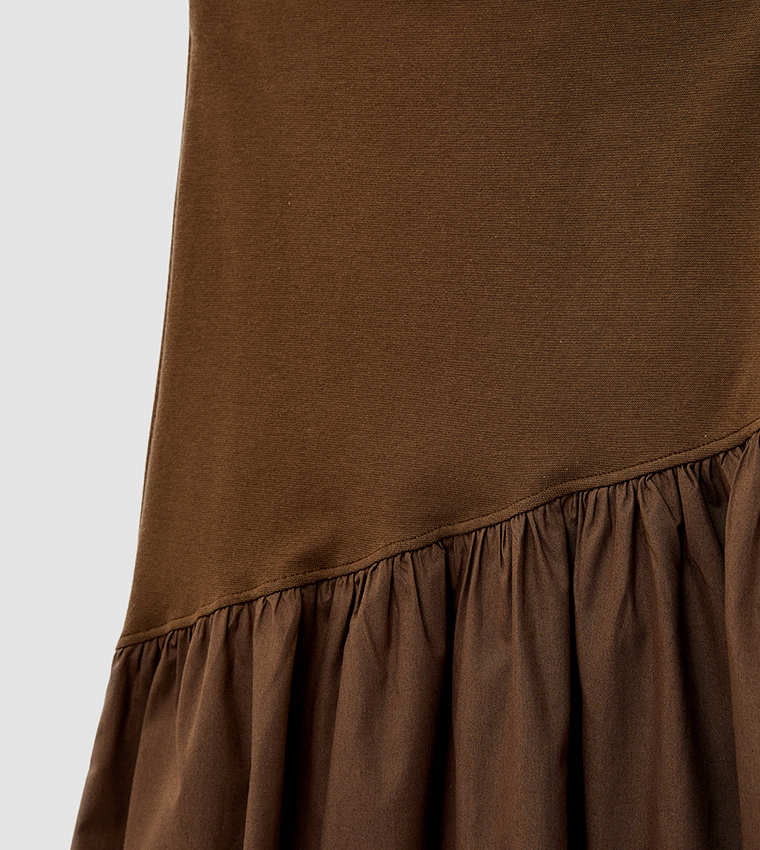 Ruched Drop-Waist Tiered Midi Skirt