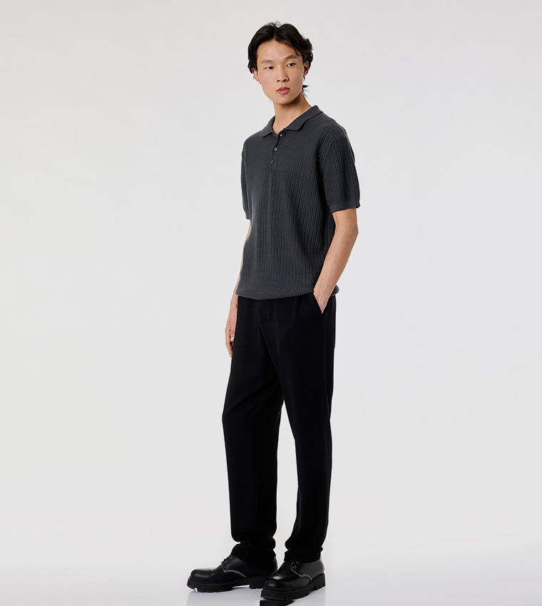 Solid Elastic Waist Straight Fit Pants