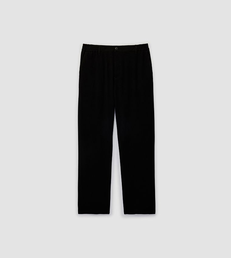 Solid Elastic Waist Straight Fit Pants