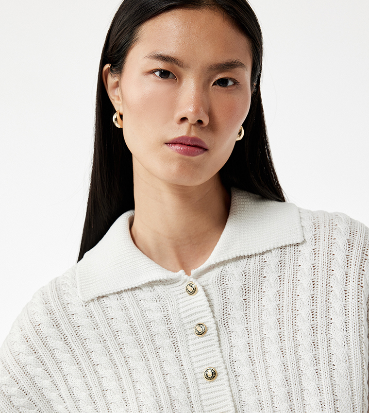 Cable Knit Collared Long Sleeves Sweater