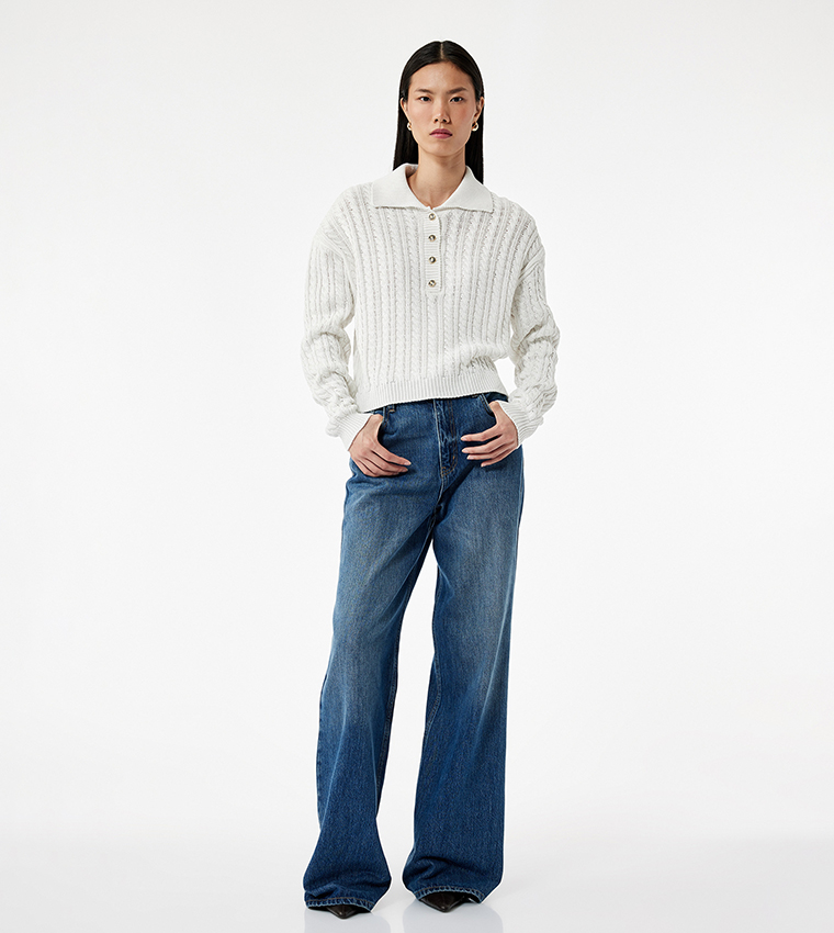 Cable Knit Collared Long Sleeves Sweater